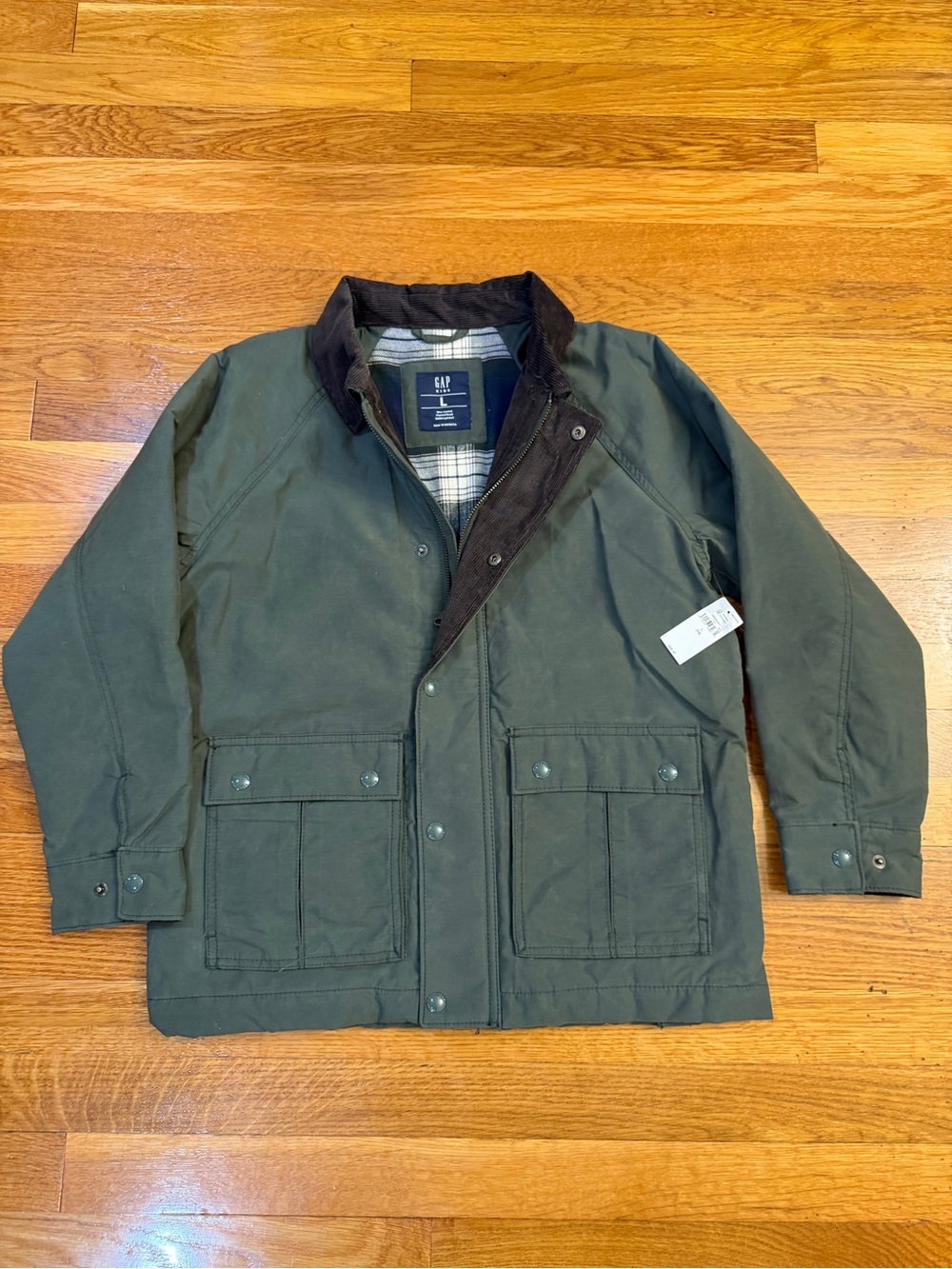 Gap Kids Olive Green Field Barn Jacket Plaid Lined Corduroy Collar - Large NWT